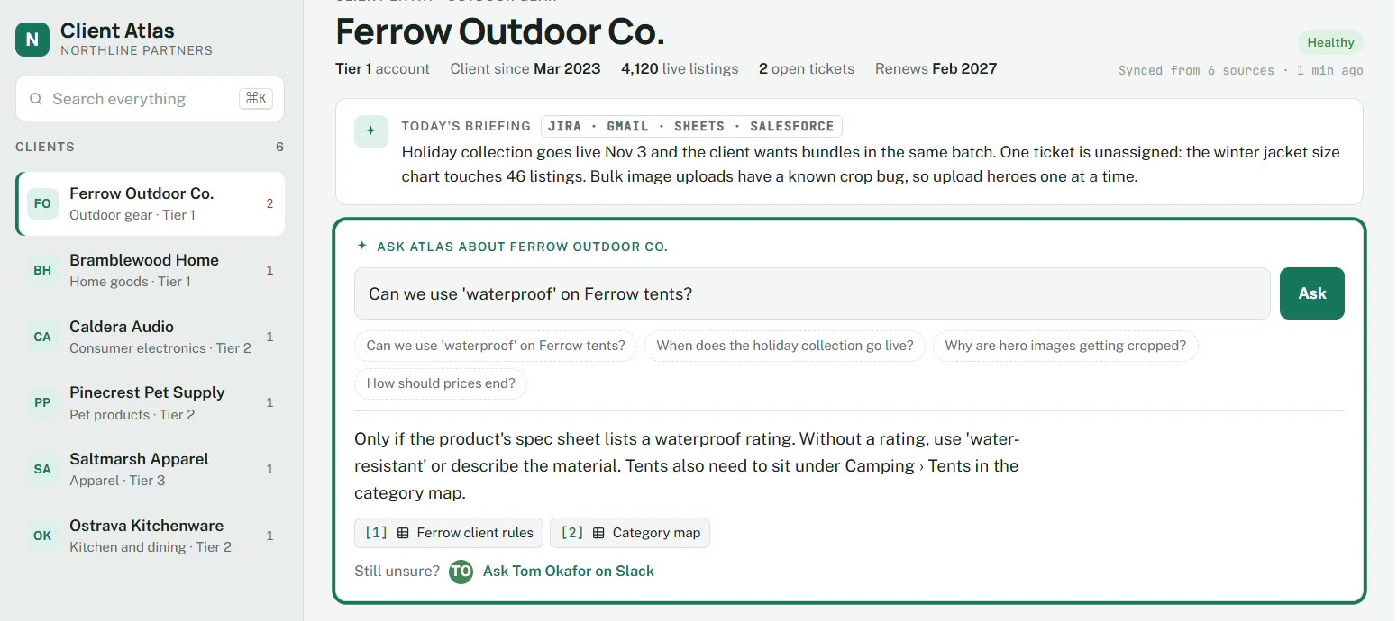 Ask Atlas answering whether Ferrow tents can be called waterproof, with citations to the client rules and category map